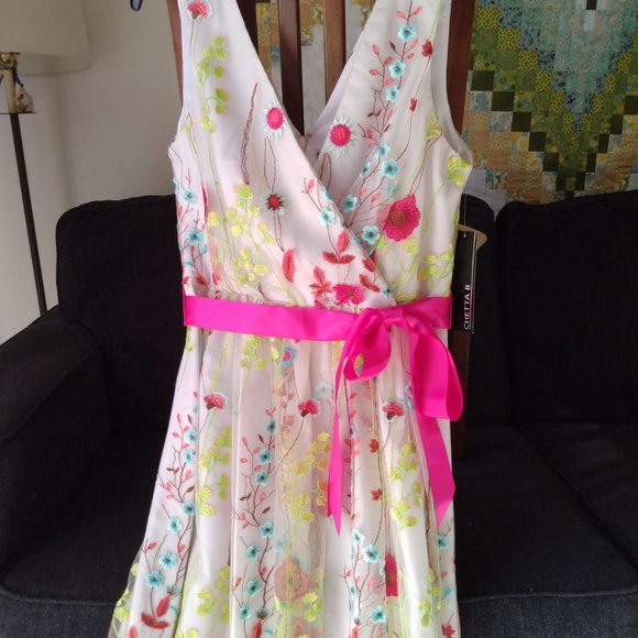 Chetta B Dresses & Skirts - 🌷🌹 BNWT CHETTA B FLORAL EMBROIDERED DRESS WHITE BACKGROUND COLORFUL FLOWERS